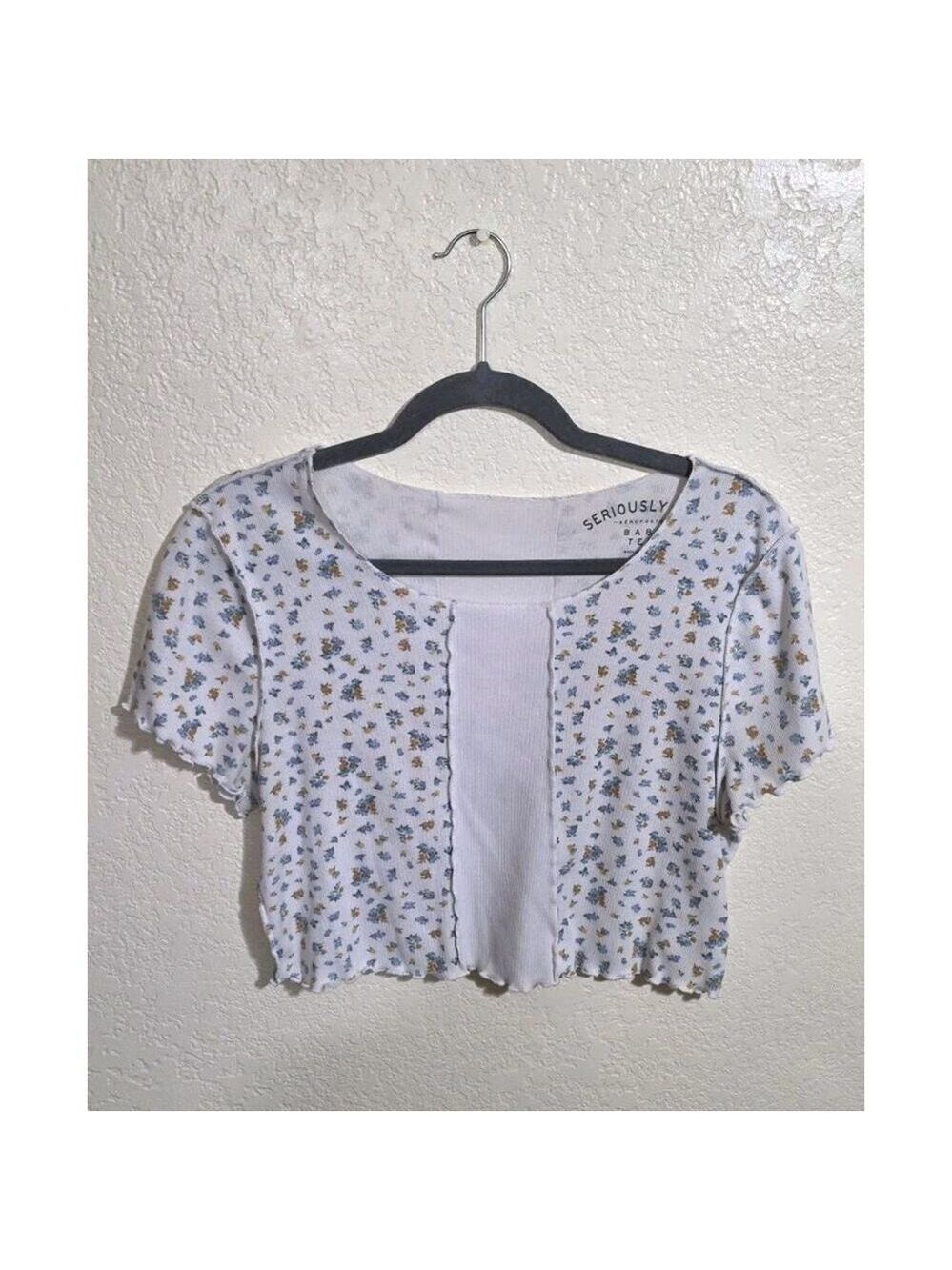 Aeropostale Seriously Soft Baby Tee Womens XL Floral Ribbed Lettuce Hem Cropped